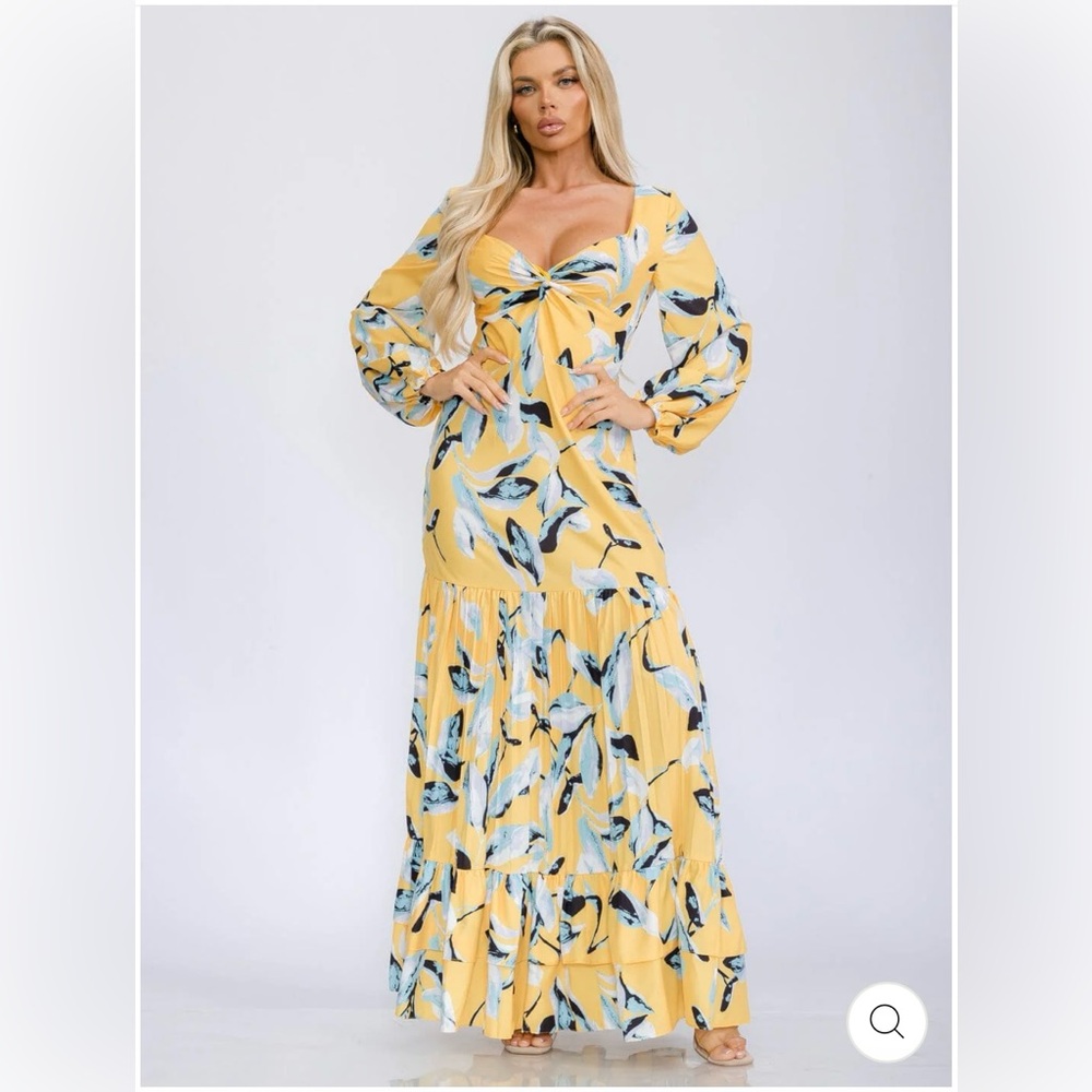 CHICWAYS Women Long Sleeve Tiered Yellow Multi Floral Maxi Dress Size Various - Picture 15 of 15